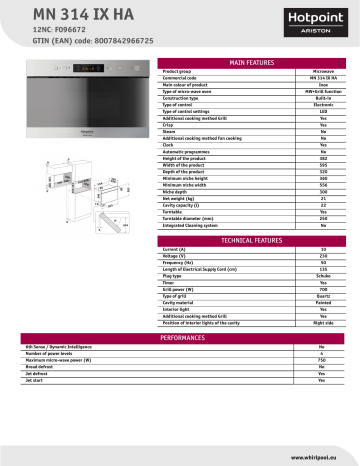 HOTPOINT/ARISTON MN 314 IX HA Microwave Product Data Sheet | Manualzz