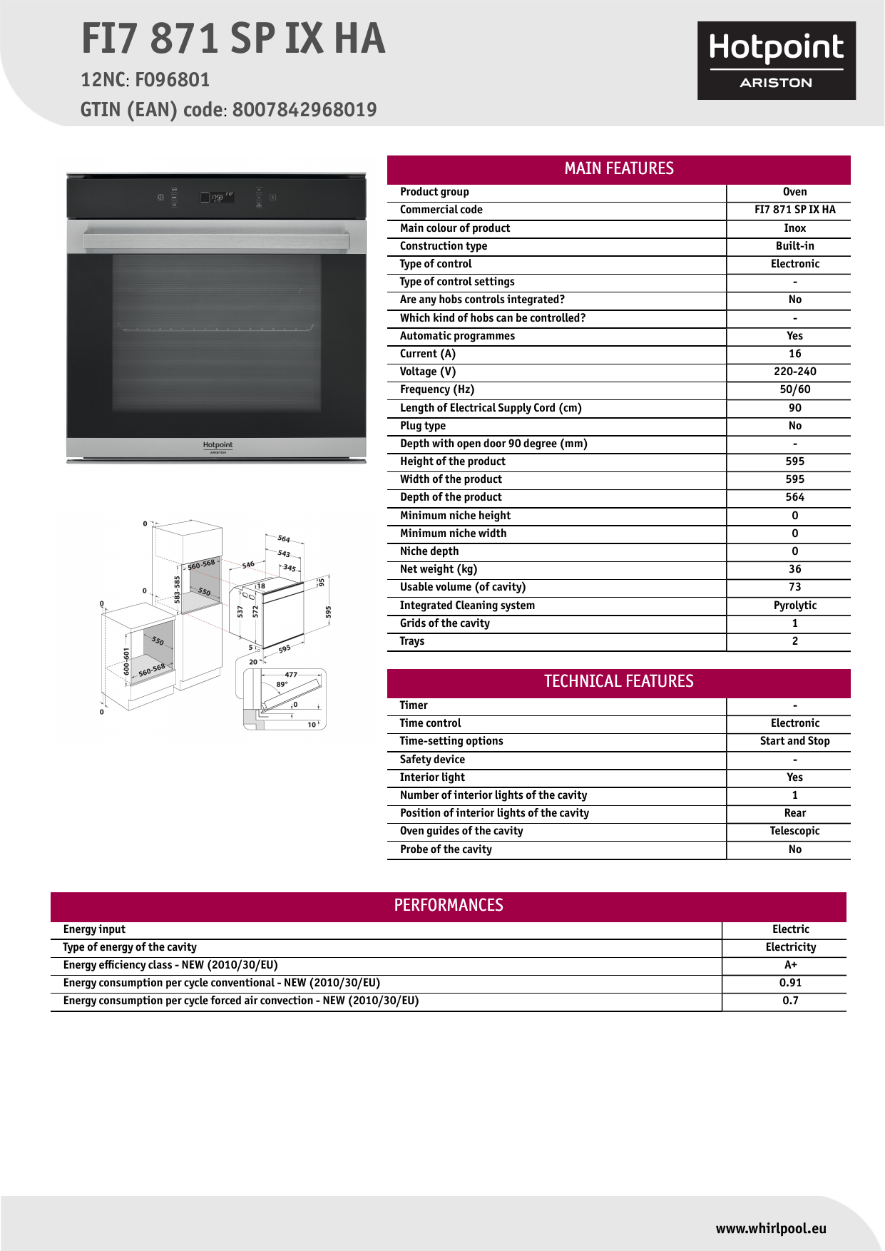 HOTPOINT/ARISTON FI7 871 SP IX HA Oven Product Data Sheet | Manualzz