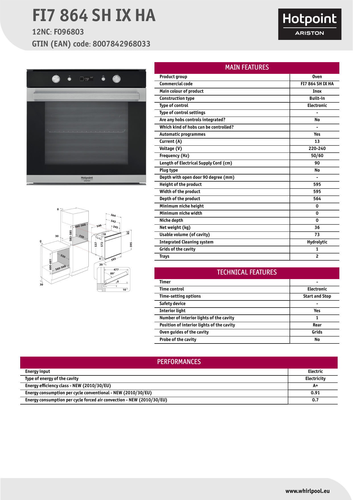 HOTPOINT/ARISTON FI7 864 SH IX HA Oven Product Data Sheet | Manualzz