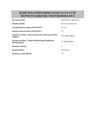 HOTPOINT/ARISTON FI7 861 SH WH HA Oven toote info | Manualzz