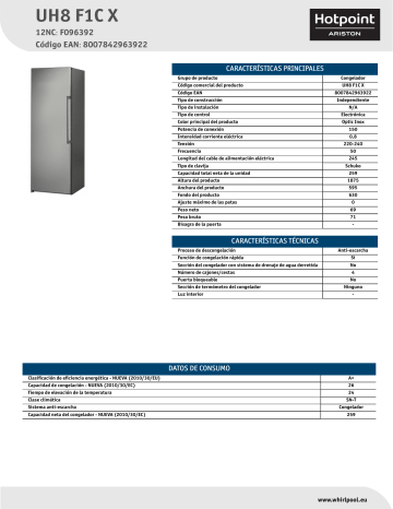 HOTPOINT/ARISTON UH8 F1C X Freezer Product Data Sheet | Manualzz