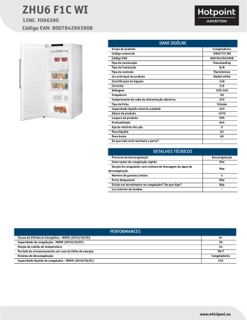 HOTPOINT/ARISTON ZHU6 F1C WI Freezer Product Data Sheet | Manualzz
