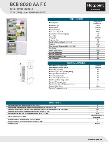 HOTPOINT/ARISTON BCB 8020 AA F C Fridge/freezer combination NEL Data Sheet | Manualzz