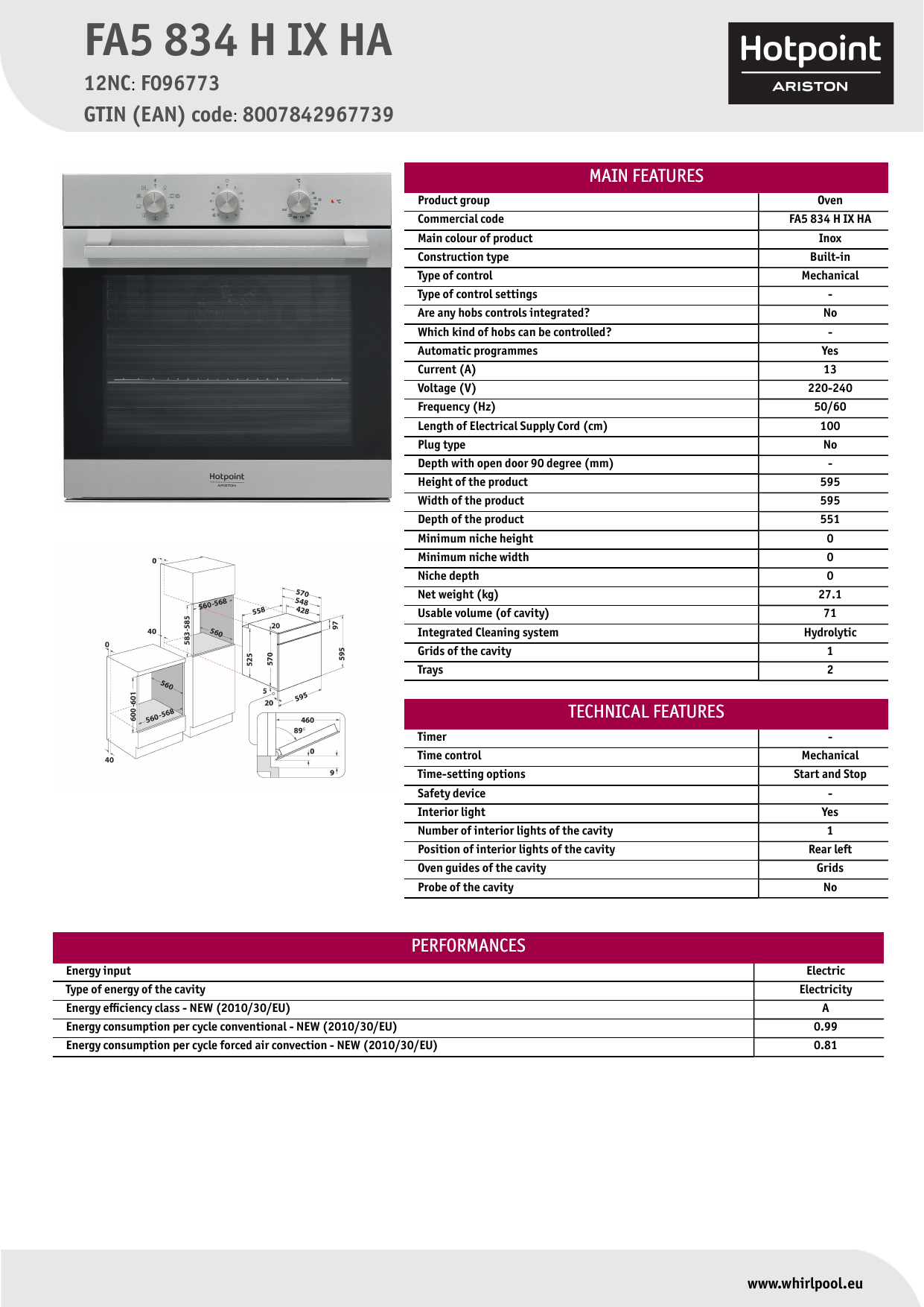 HOTPOINT/ARISTON FA5 834 H IX HA Oven Product Data Sheet | Manualzz