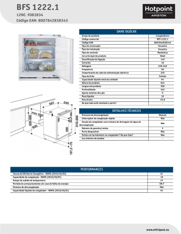 HOTPOINT/ARISTON BFS 1222.1 Freezer Product Data Sheet | Manualzz
