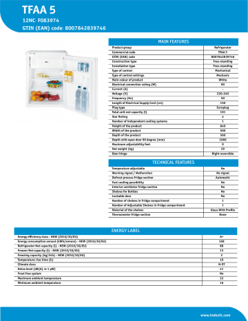 Indesit TFAA 5 Refrigerator Product Data Sheet | Manualzz