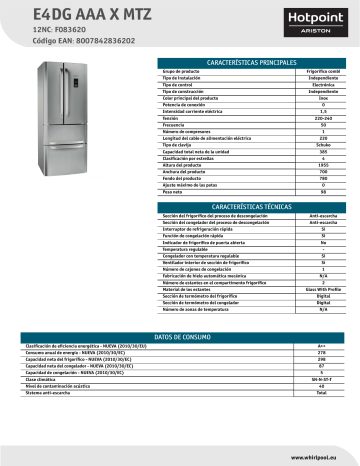 HOTPOINT/ARISTON E4DG AAA X MTZ Fridge/freezer combination Product Data Sheet | Manualzz