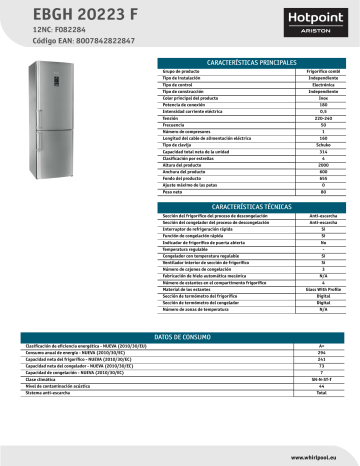HOTPOINT/ARISTON EBGH 20223 F Fridge/freezer combination Product Data Sheet | Manualzz