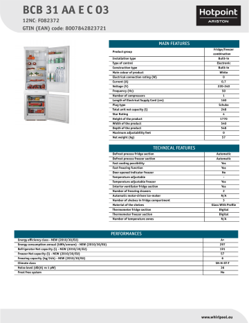 HOTPOINT/ARISTON BCB 31 AA E C O3 Fridge/freezer combination Product Data Sheet | Manualzz