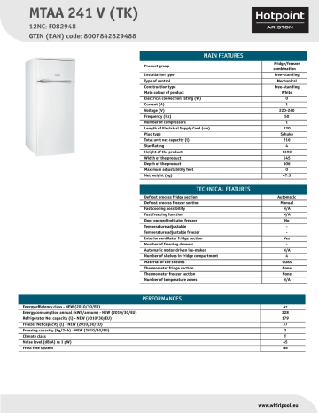 HOTPOINT/ARISTON MTAA 241 V (TK) Fridge/freezer combination Product Data Sheet | Manualzz