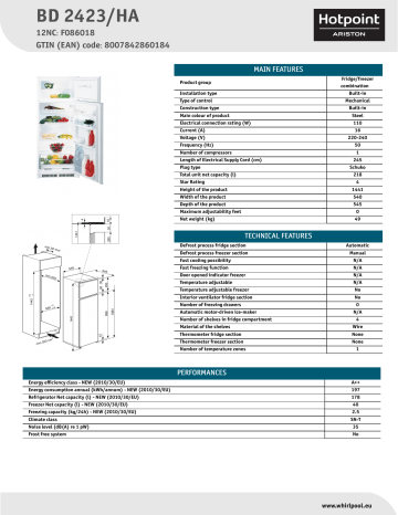 HOTPOINT/ARISTON BD 2423/HA Fridge/freezer combination Product Data Sheet | Manualzz