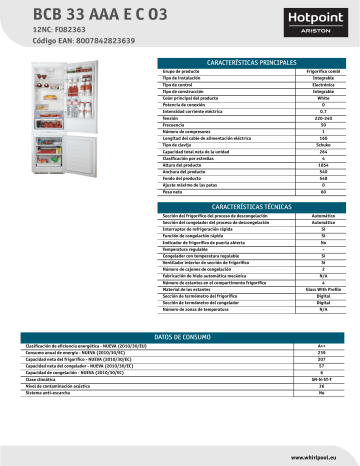 HOTPOINT/ARISTON BCB 33 AAA E C O3 Fridge/freezer combination Product Data Sheet | Manualzz