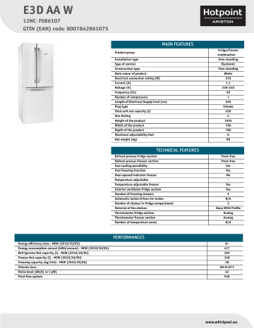 HOTPOINT/ARISTON E3D AA W Fridge/freezer combination Product Data Sheet | Manualzz
