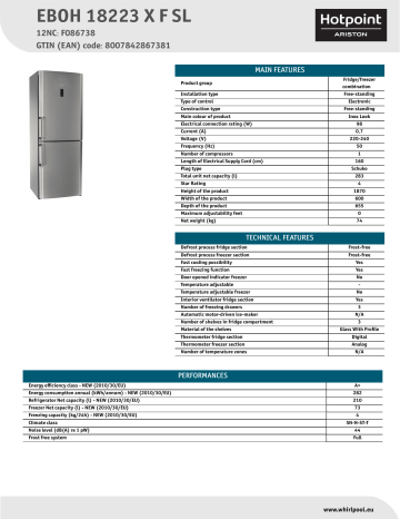 HOTPOINT/ARISTON EBOH 18223 X F SL Fridge/freezer combination Product Data Sheet | Manualzz