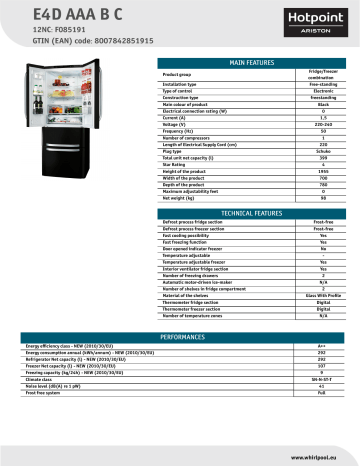 HOTPOINT/ARISTON E4D AAA B C Fridge/freezer combination Product Data Sheet | Manualzz