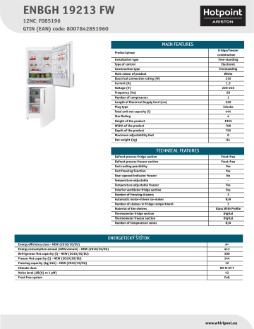 HOTPOINT/ARISTON ENBGH 19213 FW Fridge/freezer combination Product Data Sheet | Manualzz