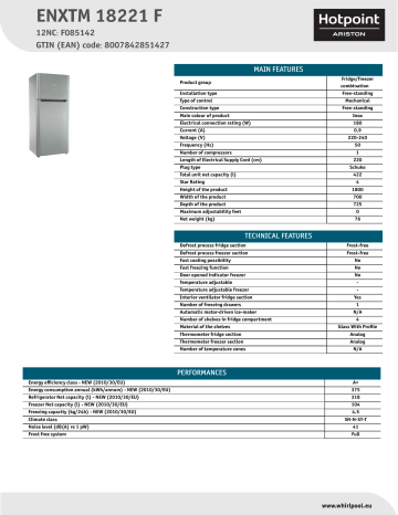 HOTPOINT/ARISTON ENXTM 18221 F Fridge/freezer combination Product Data Sheet | Manualzz