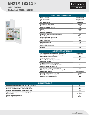 HOTPOINT/ARISTON ENXTM 18211 F Fridge/freezer combination Product Data Sheet | Manualzz