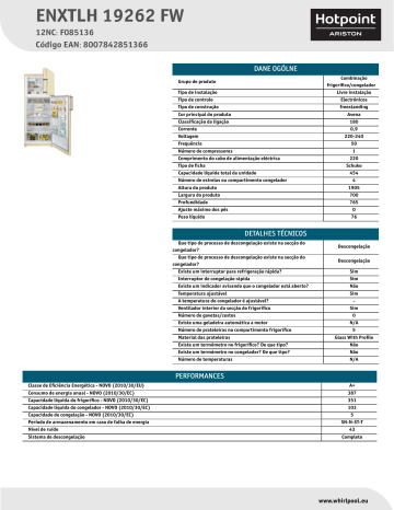 HOTPOINT/ARISTON ENXTLH 19262 FW Fridge/freezer combination Product Data Sheet | Manualzz