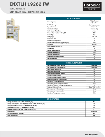 HOTPOINT/ARISTON ENXTLH 19262 FW Fridge/freezer combination Product Data Sheet | Manualzz
