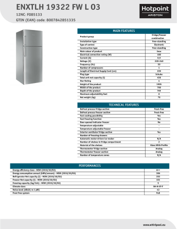 HOTPOINT/ARISTON ENXTLH 19322 FW L O3 Fridge/freezer combination Product Data Sheet | Manualzz