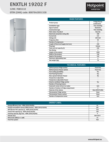 HOTPOINT/ARISTON ENXTLH 19202 F Fridge/freezer combination Product Data Sheet | Manualzz
