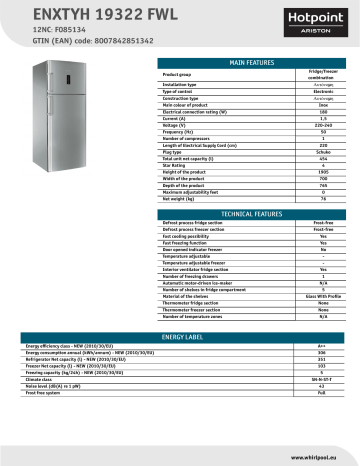 HOTPOINT/ARISTON ENXTYH 19322 FWL Fridge/freezer combination Product Data Sheet | Manualzz