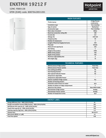 HOTPOINT/ARISTON ENXTMH 19212 F Fridge/freezer combination Product Data Sheet | Manualzz