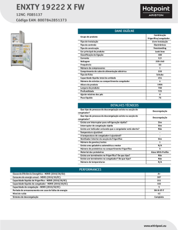 HOTPOINT/ARISTON ENXTY 19222 X FW Fridge/freezer combination Product Data Sheet | Manualzz