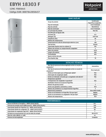 HOTPOINT/ARISTON EBYH 18303 F Fridge/freezer combination Product Data Sheet | Manualzz