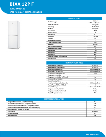 Indesit BIAA 12P F Fridge/freezer combination Product Data Sheet | Manualzz
