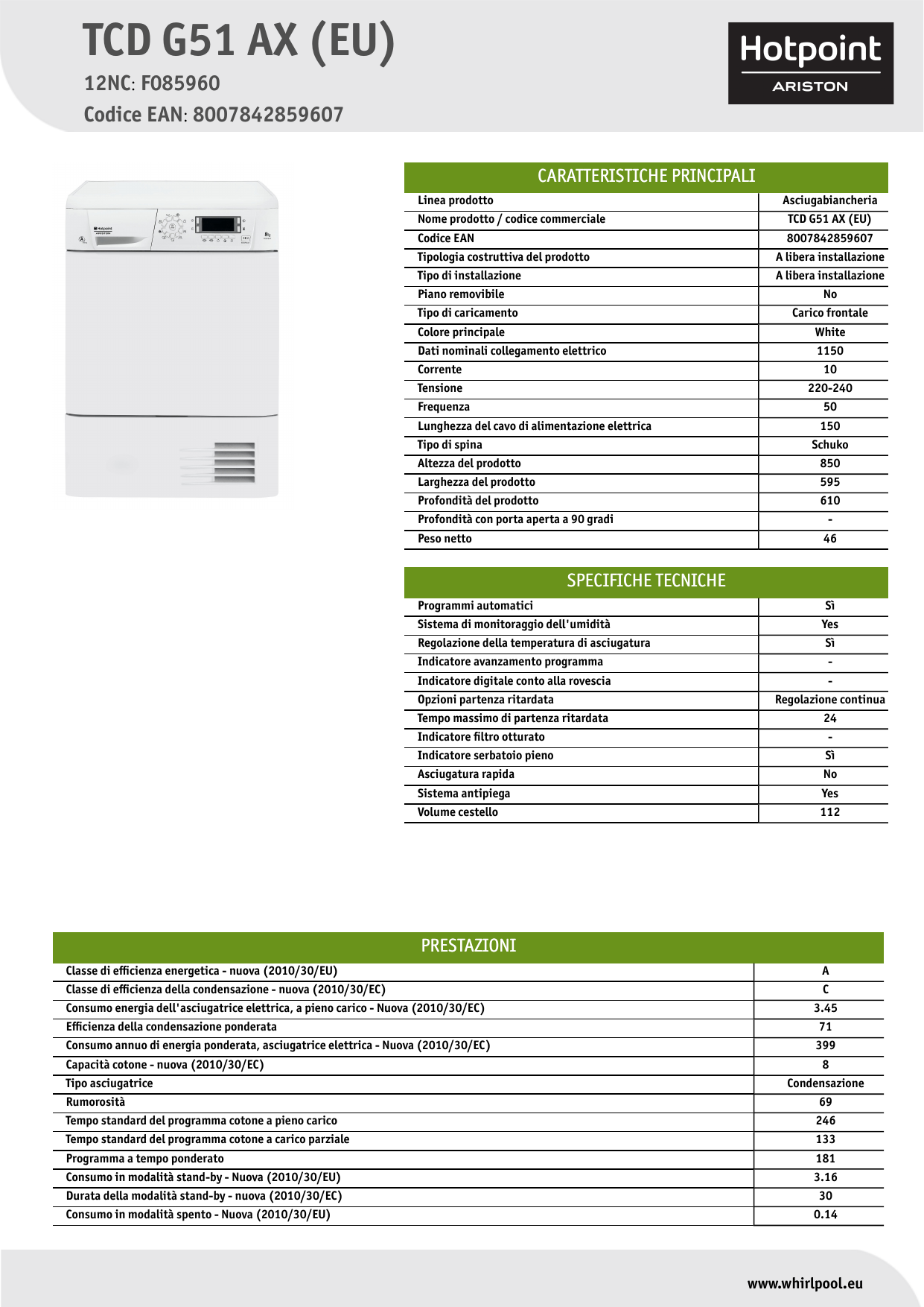 HOTPOINT/ARISTON TCD G51 AX (EU) Dryer Product Data Sheet | Manualzz