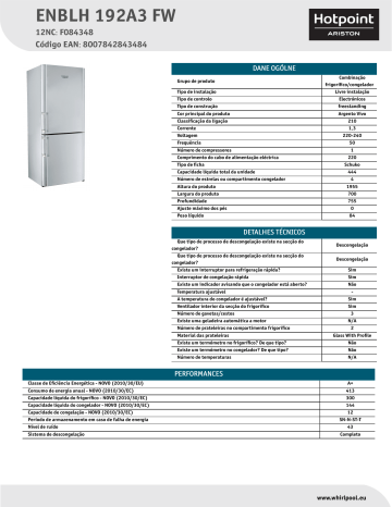 HOTPOINT/ARISTON ENBLH 192A3 FW Fridge/freezer combination Product Data Sheet | Manualzz