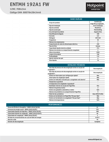 HOTPOINT/ARISTON ENTMH 192A1 FW Fridge/freezer combination Product Data Sheet | Manualzz