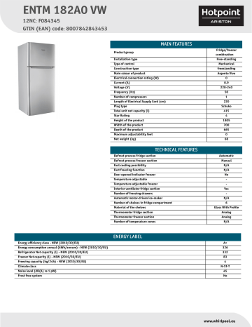 HOTPOINT/ARISTON ENTM 182A0 VW Fridge/freezer combination Product Data Sheet | Manualzz