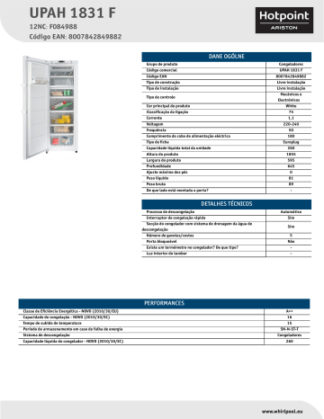 HOTPOINT/ARISTON UPAH 1831 F Freezer Product Data Sheet | Manualzz