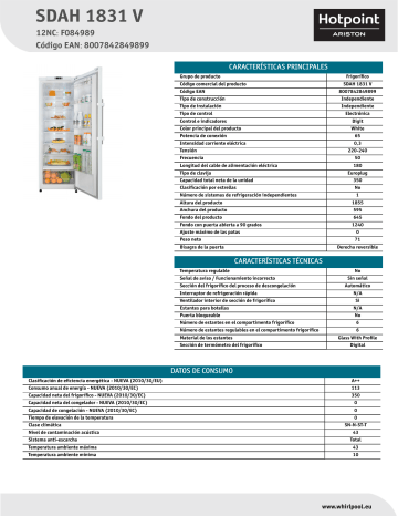 HOTPOINT/ARISTON SDAH 1831 V Refrigerator Product Data Sheet | Manualzz