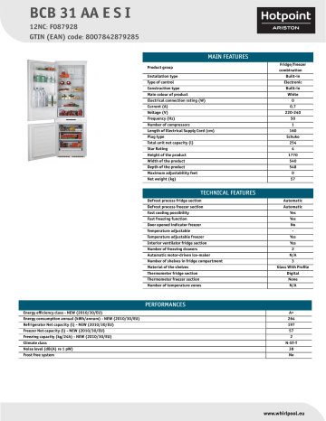 HOTPOINT/ARISTON BCB 31 AA E S I Fridge/freezer combination Product Data Sheet | Manualzz