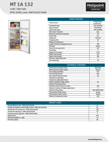 HOTPOINT/ARISTON MT 1A 132 Fridge/freezer combination Product Data Sheet | Manualzz