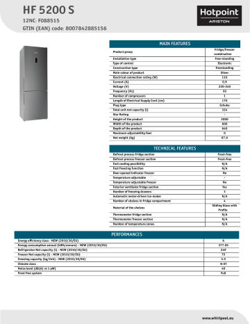 HOTPOINT/ARISTON HF 5200 S Fridge/freezer combination Product Data Sheet | Manualzz