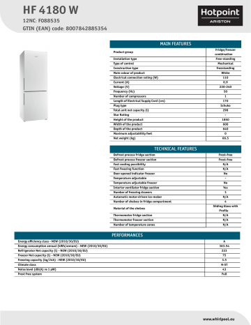 HOTPOINT/ARISTON HF 4180 W Fridge/freezer combination Product Data Sheet | Manualzz