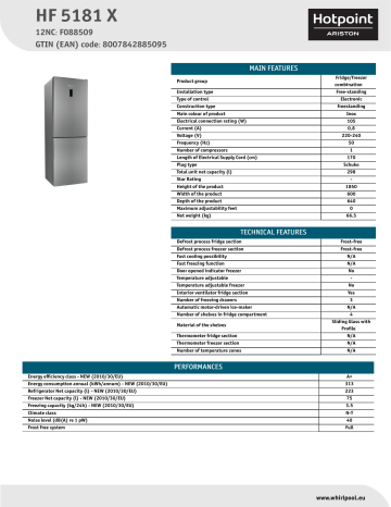 HOTPOINT/ARISTON HF 5181 X Fridge/freezer combination Product Data Sheet | Manualzz