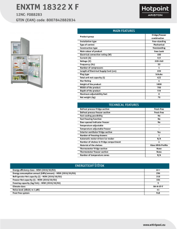 HOTPOINT/ARISTON ENXTM 18322 X F Fridge/freezer combination Product Data Sheet | Manualzz