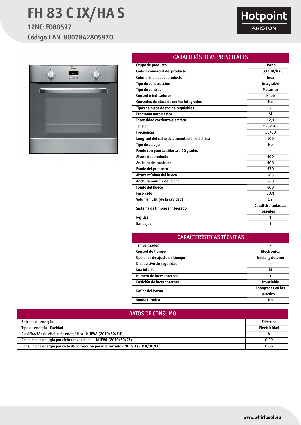 HOTPOINT/ARISTON FH 83 C IX/HA S Oven Product Data Sheet | Manualzz