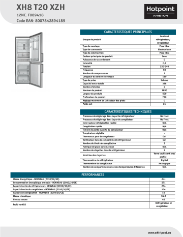 HOTPOINT/ARISTON XH8 T2O XZH Fridge/freezer combination Product Data Sheet | Manualzz