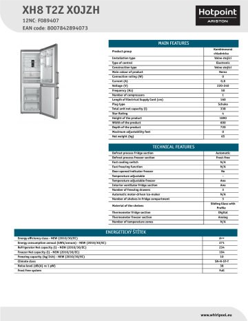 HOTPOINT/ARISTON XH8 T2Z XOJZH Fridge/freezer combination Product Data Sheet | Manualzz