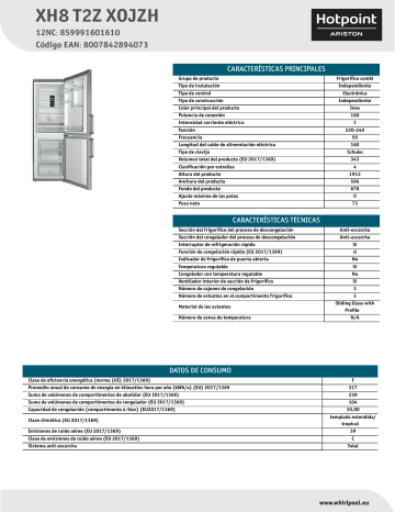 HOTPOINT/ARISTON XH8 T2Z XOJZH Fridge/freezer combination NEL Data Sheet | Manualzz