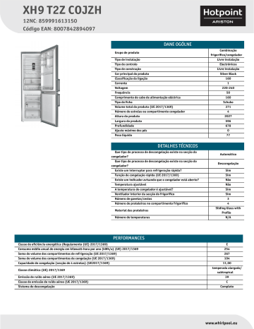 HOTPOINT/ARISTON XH9 T2Z COJZH Fridge/freezer combination NEL Data Sheet | Manualzz