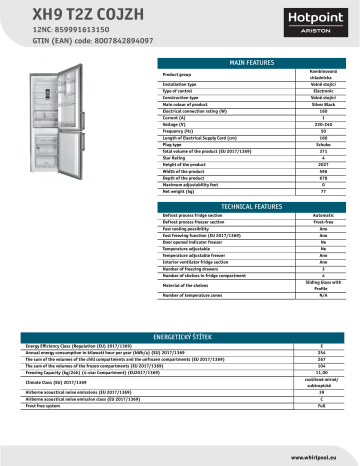 HOTPOINT/ARISTON XH9 T2Z COJZH Fridge/freezer combination NEL Data Sheet | Manualzz