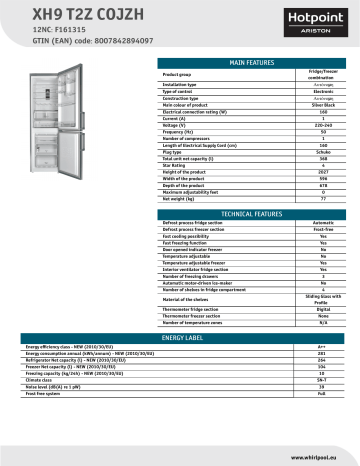HOTPOINT/ARISTON XH9 T2Z COJZH Fridge/freezer combination Product Data Sheet | Manualzz